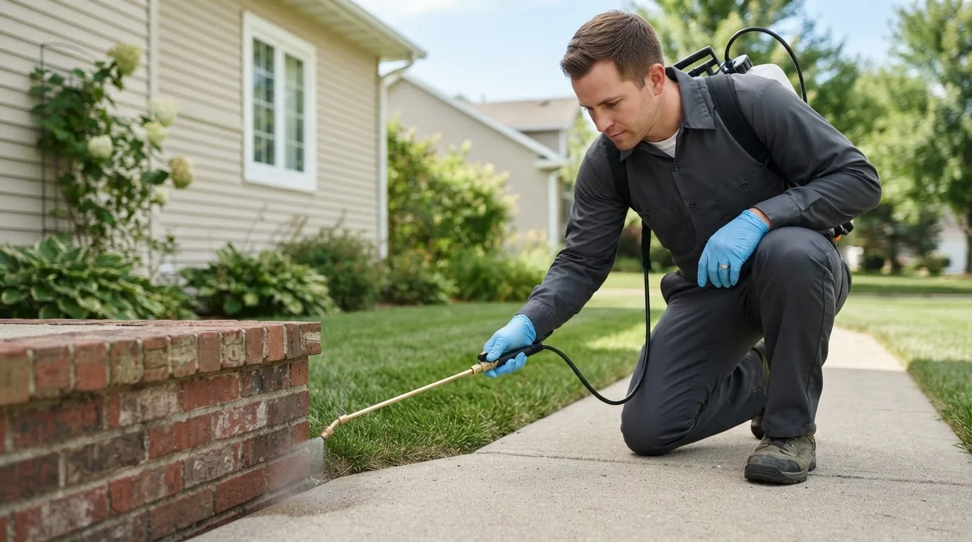 Pest control technician treating a home near New Hampshire, OH